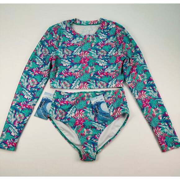 Poetry In Ocean Other - NWT Poetry in Ocean Tropical Long Sleeve Bikini Set Bright Palm Juniors Size M
